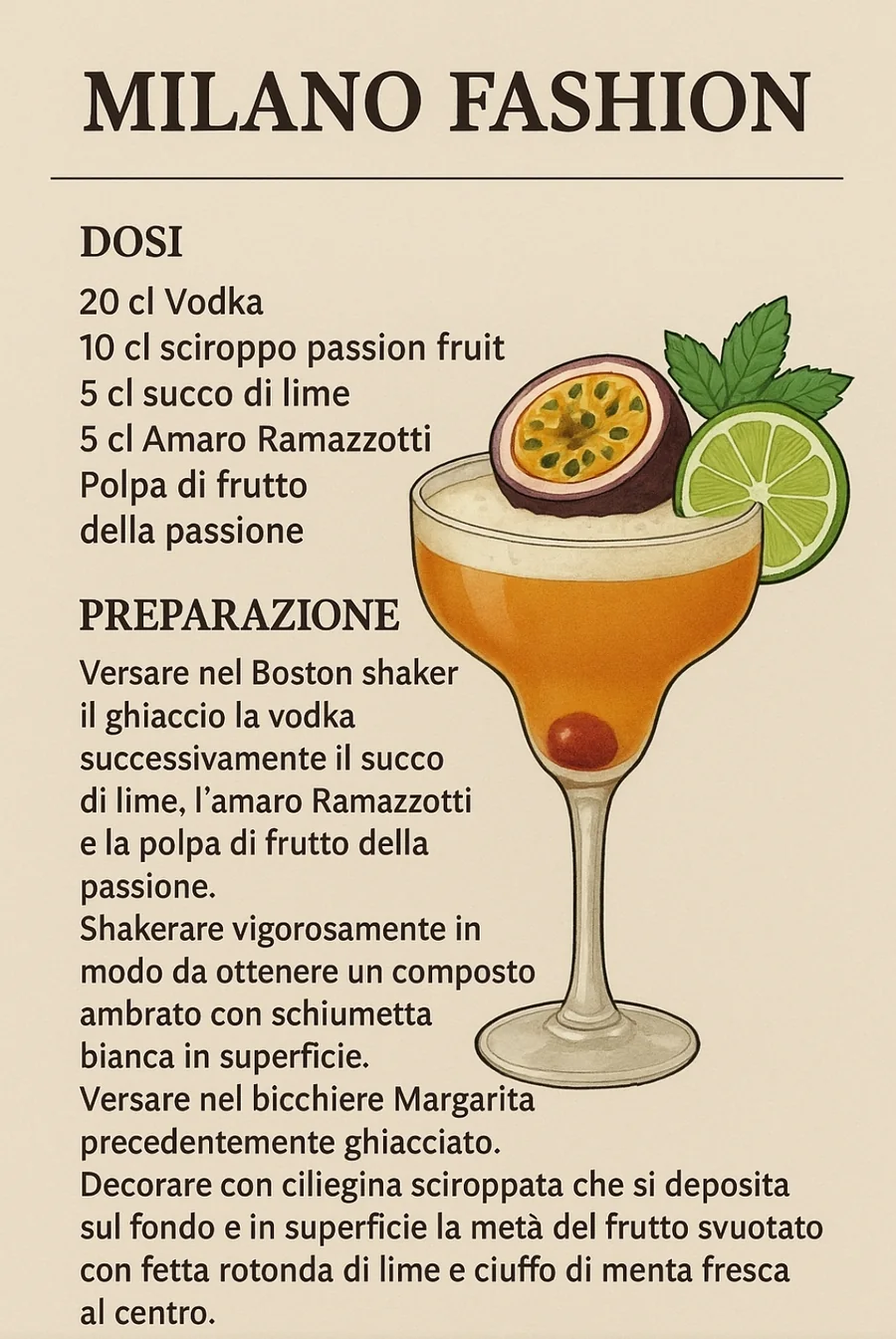 Scheda del cocktail Milano Fashion con dosi e preparazione