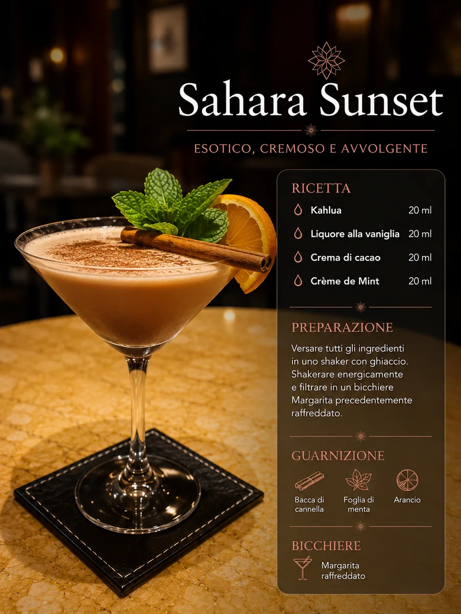 Scheda del cocktail Sahara Sunset firmato Max Rizzo, con ricetta e preparazione