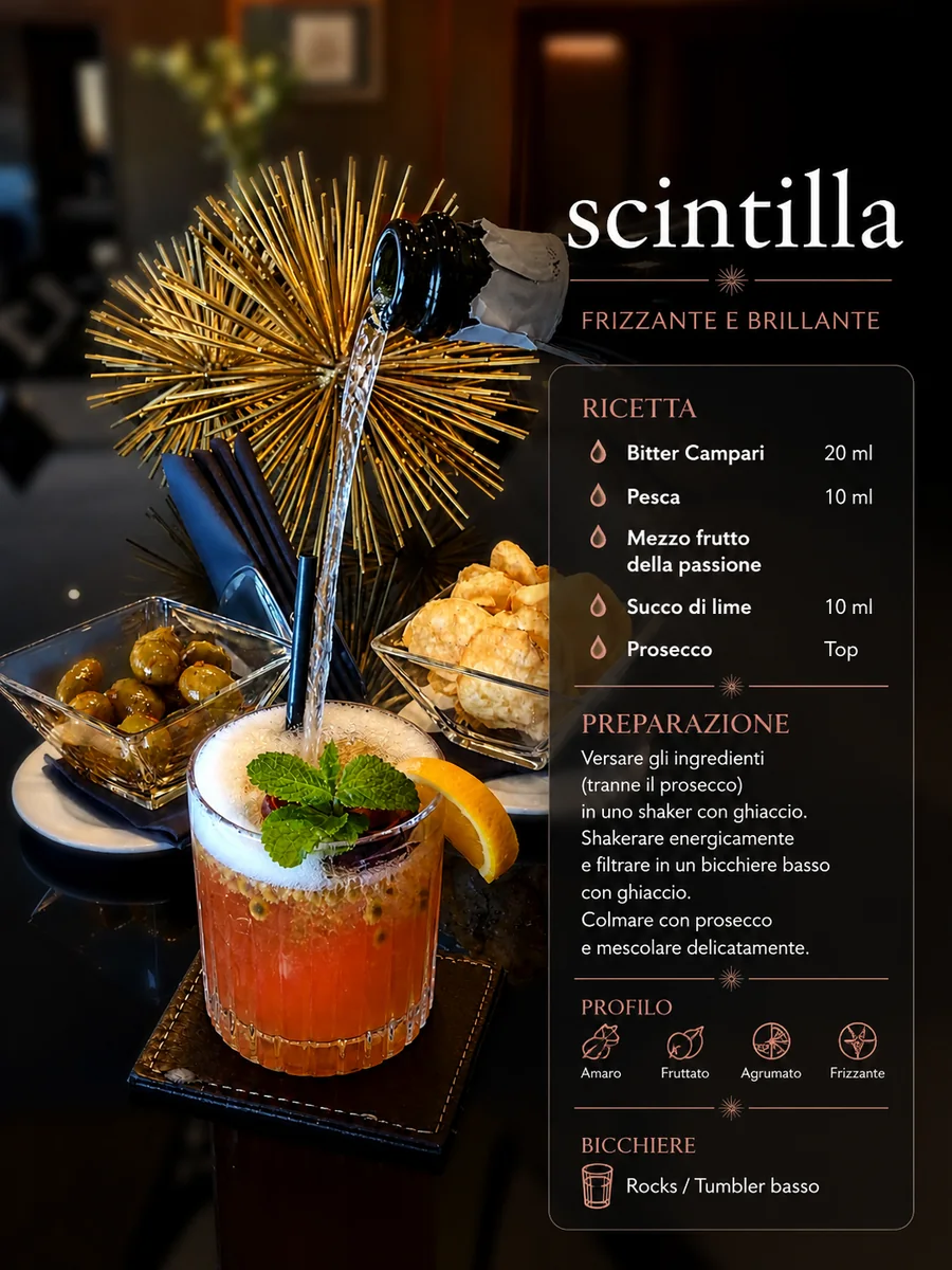 Scheda del cocktail Scintilla firmato Max Rizzo, con ricetta e preparazione