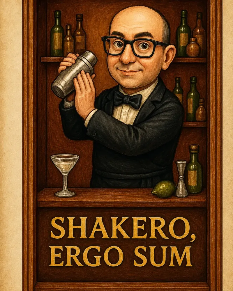Illustrazione Shakero, ergo sum: Max Rizzo ritratto come barman dietro al bancone